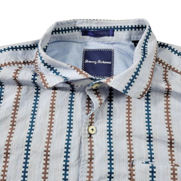 Tommy Bahama Shirt Mens Large Blue Stripe Geometric Button Up Long Sleeve - Picture 1 of 7